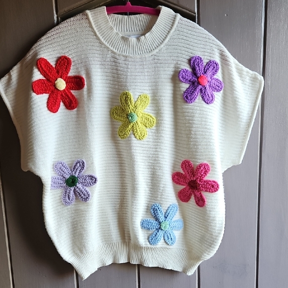 eesome Sweaters - Eesome Cream Sweater with Colorful Embroidered Floral Accents